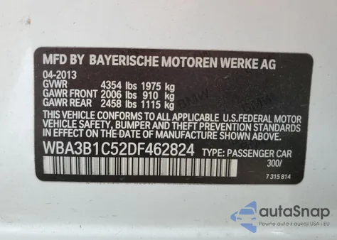 2013 BMW 320 I из США, поврежденный, VIN WBA3B1C52DF462824